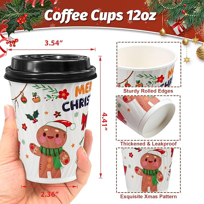 Christmas 100 Pack Coffee Cups with Lids 12oz, Disposable Insulated Ripple Wall To Go Paper Coffee Cups for Hot/Cold Drinks Office Home Shop Event