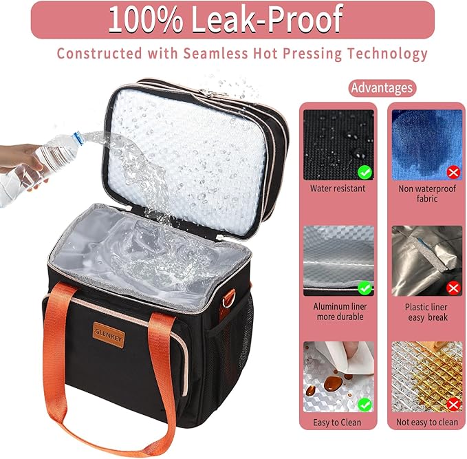 Expandable Insulated Lunch Box for Women Men, Double Deck Large Lunch Bag Tote Leakproof Lunch Cooler with Shoulder Strap for Adults Work Shift Outdoor Picnic Daytrip, (Black, 16L),GLENKEY