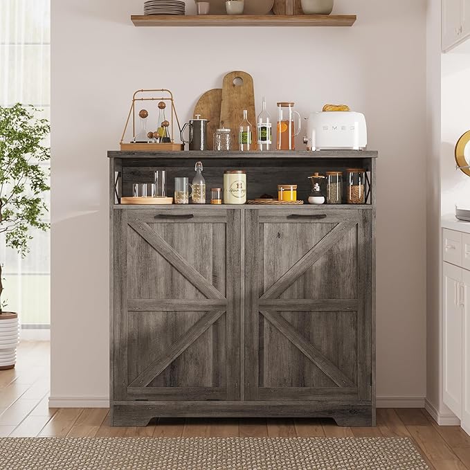 Befrases Tilt Out Trash Can Cabinet for 13 * 1 Gallon Trash Can, Farmhouse Kitchen Island Cabinet with Adjustable Shelf for Hidden Laundry Basket, Dog Proof Garbage Can for Dining Living Room, Grey