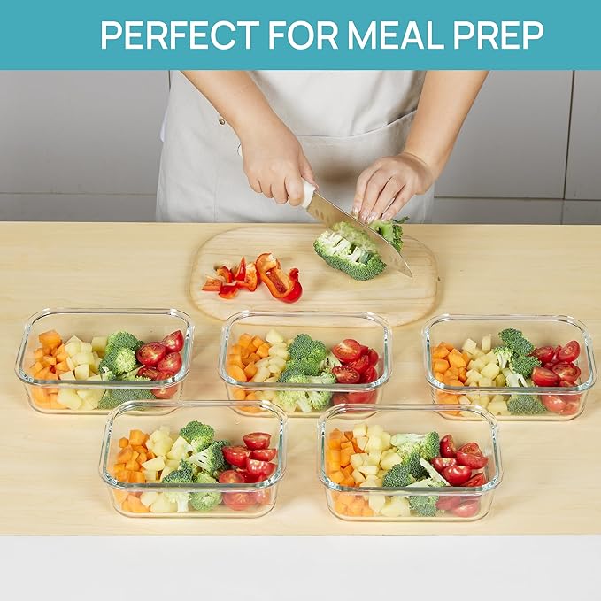 Vtopmart 5 Pack 35oz Glass Food Storage Containers with Lids, Meal Prep Containers, Airtight Reusable Lunch Container Set, Safe for Oven, Microwave, Freezer, and Dishwasher, Multicolour