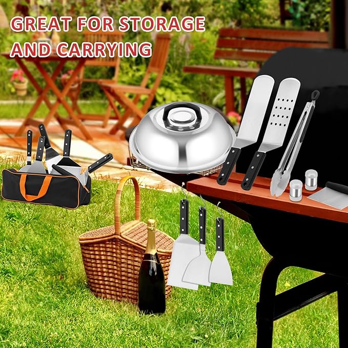 25Pcs Griddle Accessories Kit, Leonyo Flat Top Grill Accessories, Commercial Grilling Tools with Enlarged Spatulas, Basting Cover, Metal Scraper, Smash Burger Press for Outdoor Barbecue, ABS Handle