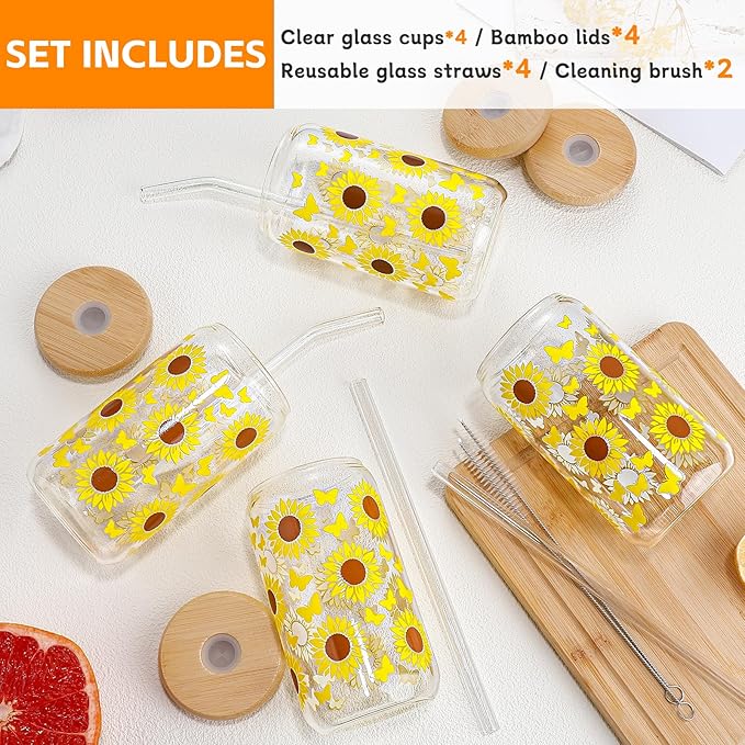 DWTS DANWEITESI Glass Cups with Lids and Straws with Design Sunflower 4 pcs,Clear Glass Cups 16 oz-Drinking Glasses Set,Glass Tumbler,Cute Design Glass Iced Coffee Cups with Lids and Straws