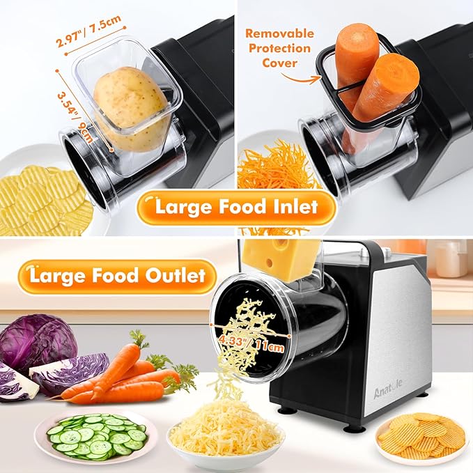 Anatole Electric Cheese Grater 7 Blades Ice Shaver Stainless Steel Vegetable Shredder 250W BPA-Free 110V