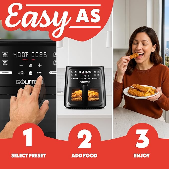 Gourmia 8 Qt Air Fryer, 8 Presets with Digital Display, FryForce 360° Technology, Easy View Window & Interior Light, Dishwasher Safe Basket, Black