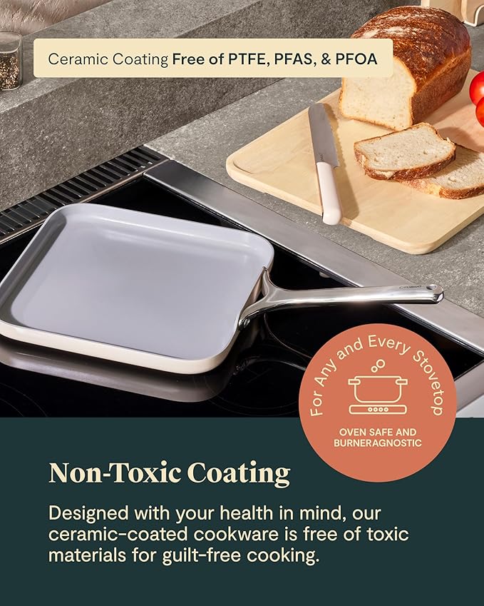 Caraway Square Griddle Pan - 11” Square Pan - Non-Stick Ceramic Coated - Non Toxic, PTFE & PFOA Free - Oven Safe & Compatible with All Stovetops - Sage