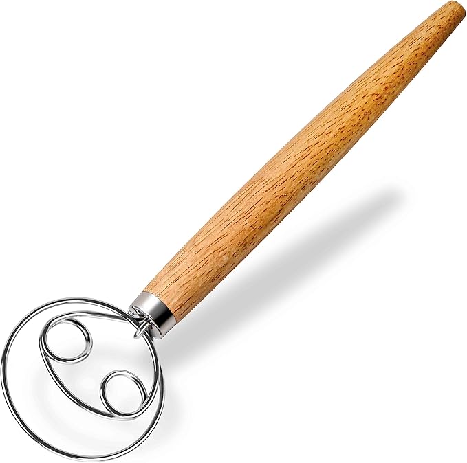 Maxjoy Danish Dough Whisk for Sourdough Bread Baking - Stainless Steel Hook with Wooden Handle