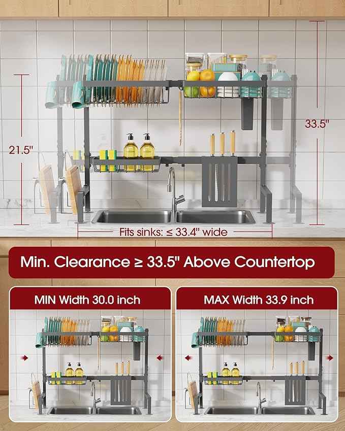 Over The Sink Dish Drying Rack - Adjustable 2 Tier Large Capacity Stainless Steel Drainer with Cutlery & Utensil Holders, Kitchen Storage & Organization, 30"-33.9" L x 11" W x 21.5" H, Gray