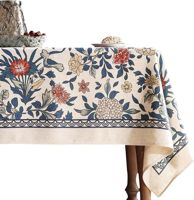 patdrea Designer Blue Tablecloth for Rectangle Table,Vintage Linen with Leaves and Floral Pattern Tablecloths,Farmhouse Decor Cover for Kitchen Dining Christmas,Thanksgiving,55"x79"-Ivar a