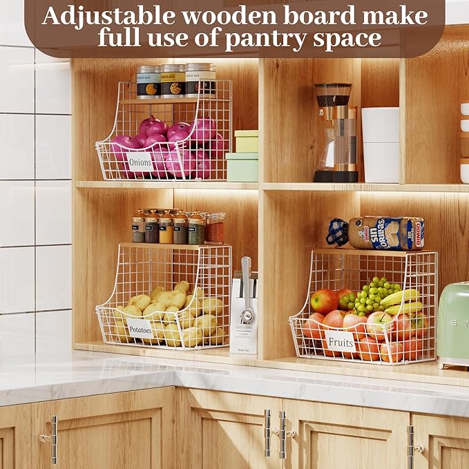3 Pack Hanging Fruit Basket for Kitchen with Wood Lid - Onion and Potato Storage Fruit Bowl with Nameplate for Counter&Wall Mounted, Stackable Storage Basket,11.81 * 8.66 * 10.63inch