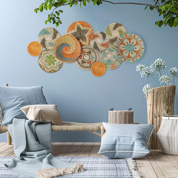Tatuo 11 Pcs Boho Wall Basket Decor Bulrush Woven Wall Hanging Art Round Farmhouse Rustic Handmade Wicker for Summer Home, Bedroom, Living Room, Kitchen Decorations, Multi Sizes(Farmhouse)