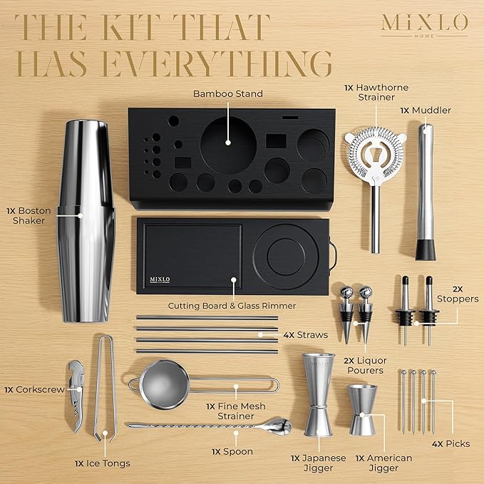 Mixology Bartender Kit - 22Pcs Bar Set Cocktail Shaker Set w Black Bar Cart Accessories Stand - Shakers Bartending Silver Tools, 24oz Shaker, 17 Recipe Cards, Martini Barware
