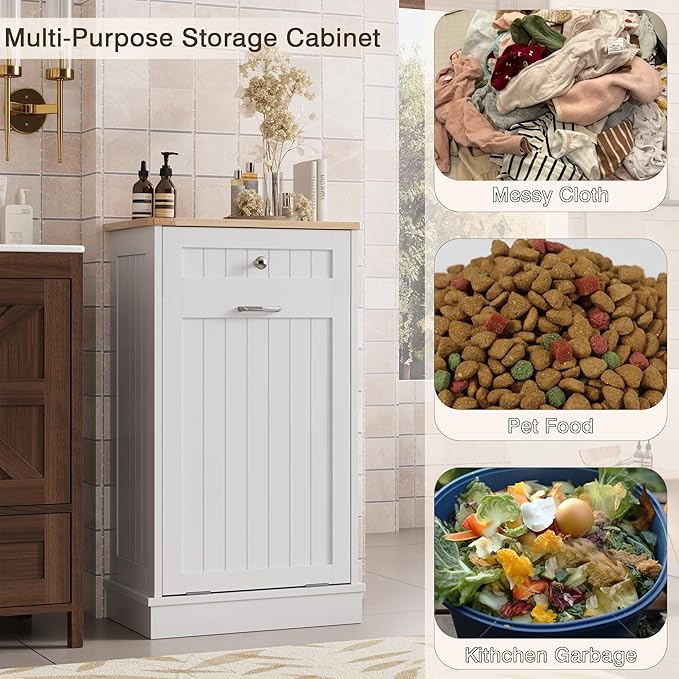 KIGOTY Tilt Out Trash Cabinet,Wooden Kitchen Trash Bin Holder Garbage Bin Recycling Cabinet Laundry Hamper with Solid Wood Countertop and Hideaway Drawer (White)