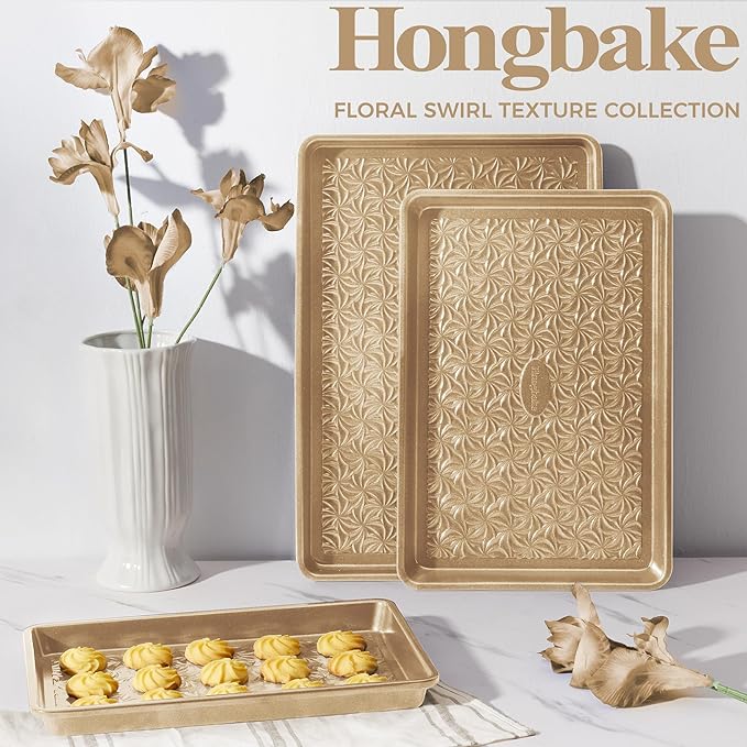 HONGBAKE Nonstick Baking Sheet Pan Set of 3, Cookie Sheets for Oven, Non-Toxic Half/Quarter/Jelly Roll Pans with Floral Swirl Texture, Heavy Duty 0.8mm Thick Oven Trays for Cooking, Antique Gold