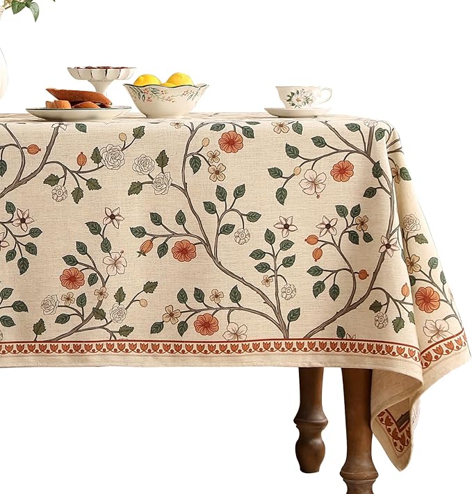 ISAENNE Designer Floral Long Rectangle Tablecloth,French Linen Light Beige Indoor Table Cloth,Fall Wrinkle Resistant Decor Tablecloths for Dining Thanksgiving Kitchen Party,63"*102"-Flora A