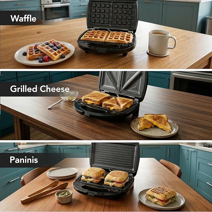 OVENTE Electric Sandwich, Panini and Waffle Maker Set with 3 Removable Non-Stick Plates, 750 Watts, Perfect for Grilled Cheese, Tuna Melts, Burgers, Steaks and Snacks, Black GPI202B