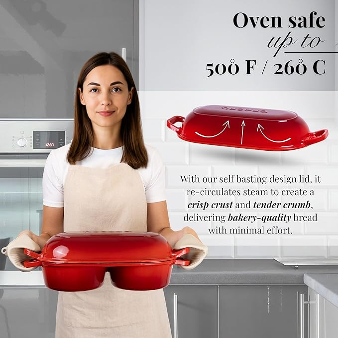 Dutch Oven For Sourdough Bread Baking – Enamelled Cast Iron Bread Loaf Pot – 500°F Oven Safe Non Stick Bread Pot – Double Round Loaf Space, 16.5cm Diameter, Red, – by Nuovva