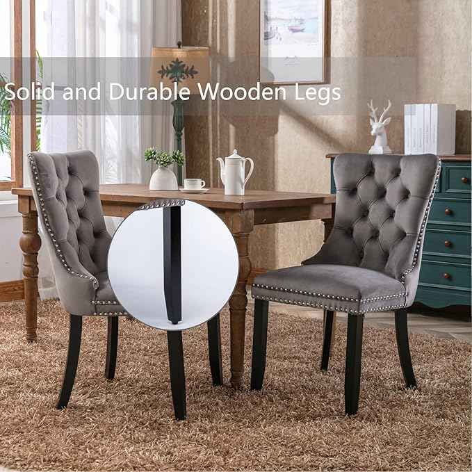 Grey Velvet Dining Chairs Set of 4, Upholstered Dining Room Chairs with Back Ring Pull Trim and Solid Wood Legs,Tufted Wingback Kitchen Chairs for Dining Room,Living Room,Kitchen(Grey)