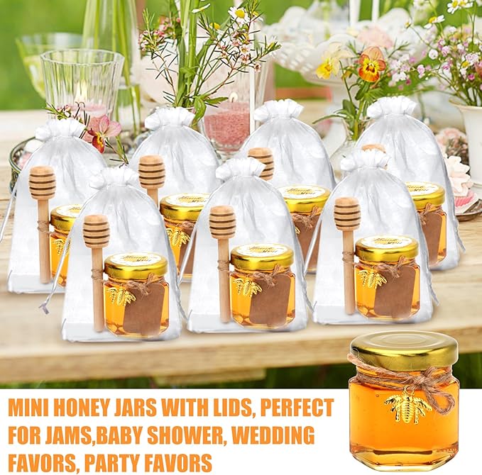 XING-RUIYANG 60 pack 1.5 oz Mini Honey Jars，baby shower favors,There's honey sticks, bee pendants, stickers and gold goodie bags，Suitable for wedding party gifts