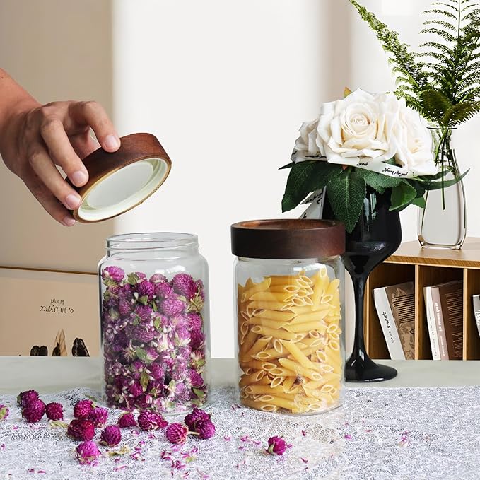 30oz Glass Coffee Jars with Airtight Wood Screw Lid Herb Spice Jar Round Storage Canister with Wooden Lid Clear Glass Food Jar for Pantry Sugar Tea Coffee Bean Spice Nuts Cookies Bath Salts