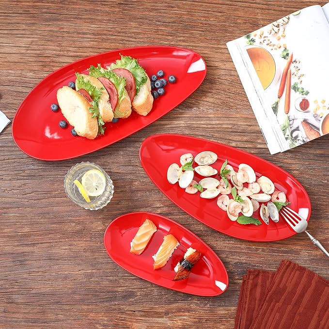 vicrays Large Oval Serving Platters, 16"/14"/10" Porcelain Serving Platters for Party, BBQ,Stackable Serving Trays Serving Plates for Appetizers, Sushi, Restaurant, Dessert, Set of 3 (Red)