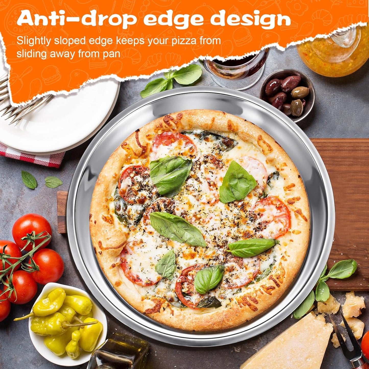 Nuogo 2 Pcs 16 Inch Large Deep Pizza Pans Stainless Steel Pizza Tray Round Oven Tray Rust Proof Reusable Bakeware Cooking Pan Dishwasher Safe for Baking, Serving, and Displaying Cookie Pie