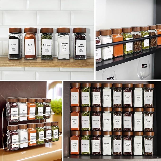 30 Pcs Spice Jars, 4oz Seasoning Containers with Acacia Wood Shaker Lids, Glass Spice Bottles with Labels, Square Seasoning Organizer, Kitchen Spice Container
