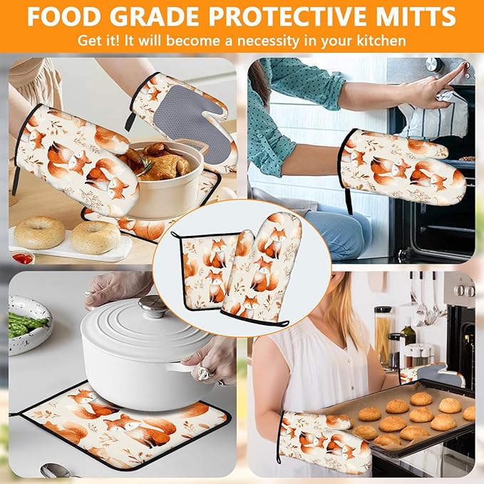 Cute Fox Oven Mitts and Pot Holders Sets 4Pcs Silicone Non-Slip Mitts Heat Resistant Gloves Hot Pads for Kitchen Cooking Baking Grilling BBQ