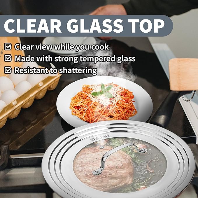 Universal Lids Set with Tempered Glass Top - Fits 5-12 Inch Pots, Pan, and Skillets - Set of 2, Large and Small, Stainless Steel Replacement Pot Lid for Kitchen Organizing, Space Saving