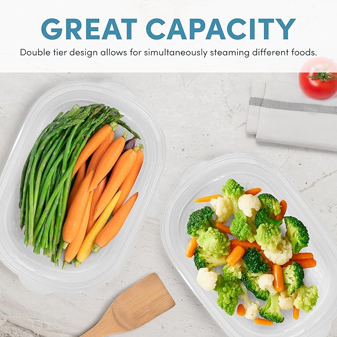 AROMA® Double Food Steamer Basket and Electric Rice Steamer with Easy-Read Water Level and Timer