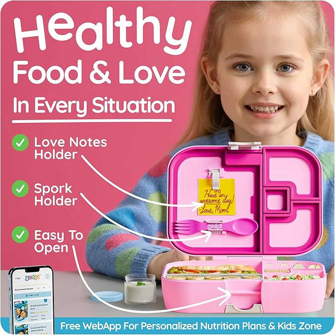 YOOPI Lunch Boxes for Kids – Toddler Bento Box with 4 Compartment Food Container, Lunch Box for School, Leakproof Lunchbox Containers, Sandwich Box, Lightweight Snack Box, Durable,Easy Open (Pink)