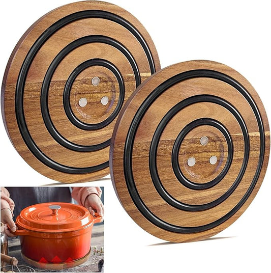 2 PCS Magnetic Wooden Trivets for Hot Pots and Pans, Heat Resistant Acacia Wood Trivet with Cushioning Silicone Strips for Dutch Ovens Hot Dishes Pots Holder, for Mom Grandma