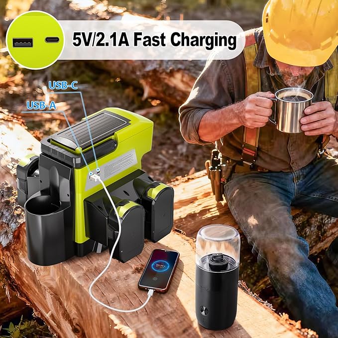 Taingwei Cordless Coffee Maker for Ryobi 18V Battery, Portable Drip Coffee Maker with Electric Coffee Grinder for RV, Camping, Travel, Car, Hiking (Battery Not Included)