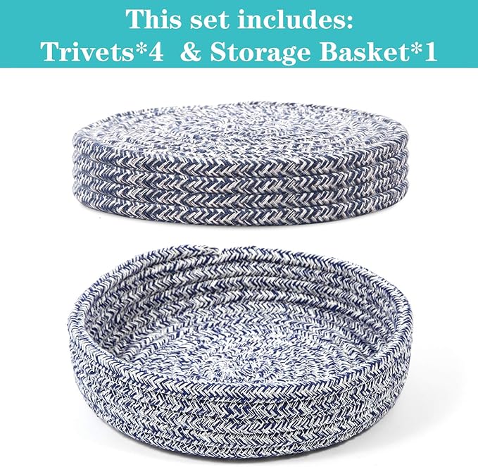 Trivets for Hot Dishes, Pots and Pans, Hot Pads with Storage Basket, Pot Holders for Kitchen, Heat Resistant Mat Protect Counter Home Essentials, Farmhouse Decor (Blue 4 PCS)