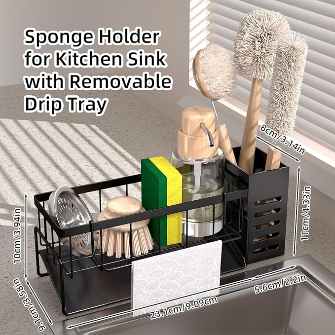 Kitchen Caddy Sink Organizer,Sponge Holder with Dish Brush Holder,Sponge Caddy Soap Dispenser Storage,304 Stainless Steel Kitchen Sink Accessories Over the Sink Shelf