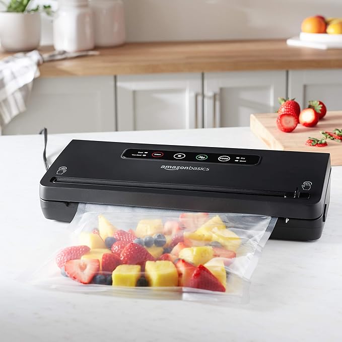 Amazon Basics Vacuum Sealer Machine for Food Preservation with Dry/Moist Mode, Built-in Cutter and Air Suction Hose, Black