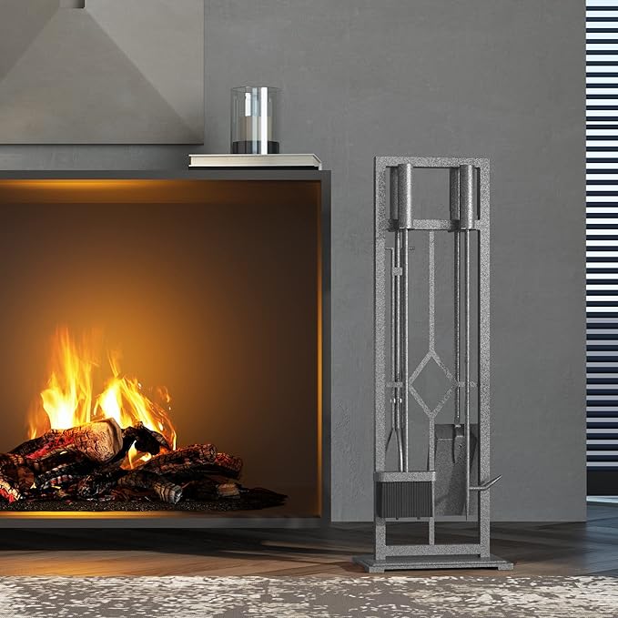 Fire Beauty 5 Pieces Fireplace Tools Set Wrought Iron Fire Place Pit Poker Holder(Pewter)