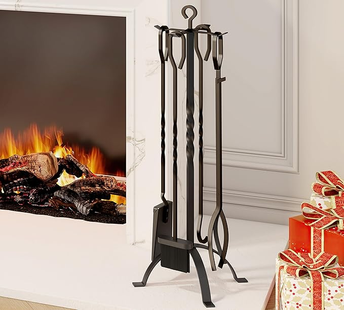Fire Beauty 5 Pieces Fireplace Tools Sets Fireplace Accessories Tools Holder with Handles Tools for Indoor Fireplace Decor Outdoor Fire Pit Modern Tool(Black)
