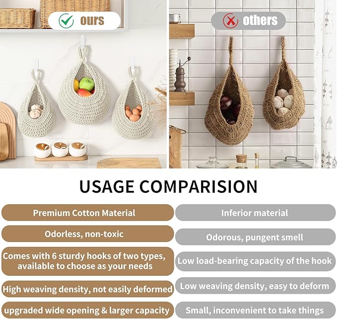 Boho Wall Hanging Fruit Baskets for Kitchen 3 Pack Woven Produce Holder with 6 Pcs Strong Hooks Vegetable Hanging Basket for Organizing Teardrop Home Wall Potato Onion Storage, White