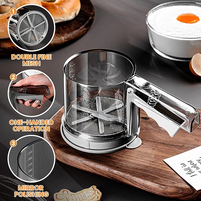 ‌3 Cup Flour Sifter, Sifter for Baking Sifter Handheld Baking Sieve Food-Grade Double-Filter Stainless Steel Flour Sifter Non-Rust Sifter used for Rapid Screening of Flour Apricot Flour Sugar Powder