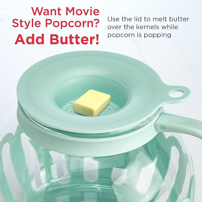 Ecolution Patented Micro-Pop Microwave Popcorn Popper with Temperature Safe Glass, 3-in-1 Lid Measures Kernels and Melts Butter, Made Without BPA, Dishwasher Safe, 1.5-Quart, Aqua