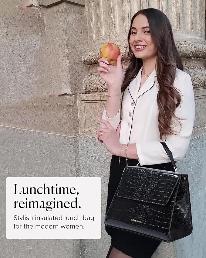 BEAUTYGOODIES - Large Insulated Lunch Bag, Black Croc Purse and Bag for Work, Lunch and Picnics. Designer Croc with Vegan Leather, Classy, Insulated Lunch Tote Bag for Women. Cute and a Great Gift !