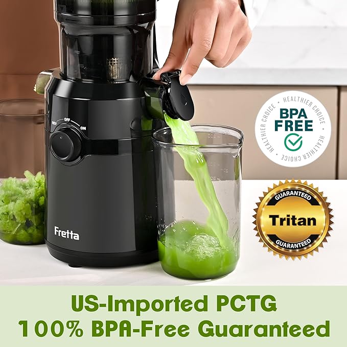 Cold Press Juicer Machines,Fretta Juicer Machines with PCTG Material from the USA,Fit Whole Fruits & Vegetables,Truly BPA-Free,Easy to Clean,Black