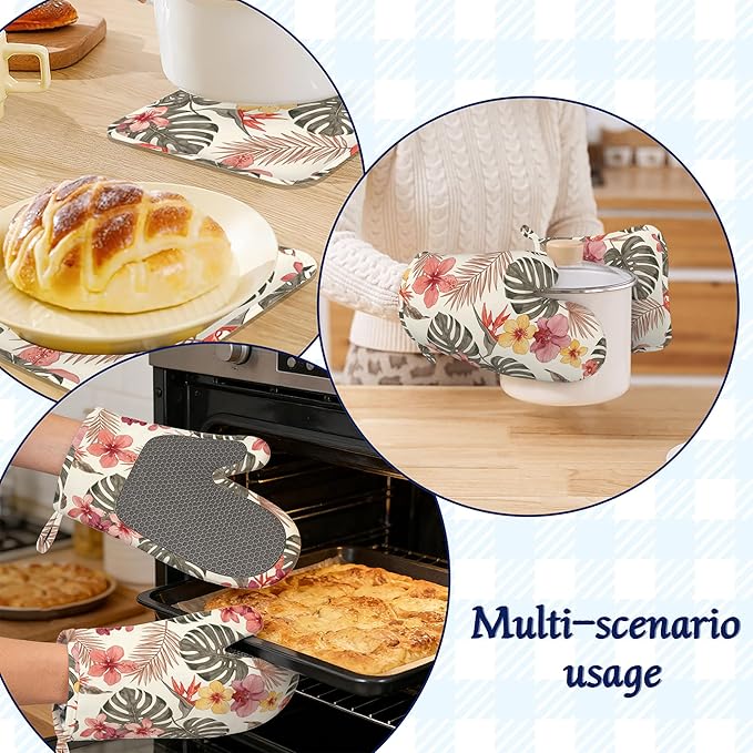 Palm Leaf Oven Mitts and Pot Holders Tropical Hibiscus Flower Silicone Kitchen Accessories Set of 4 Heat Resistant Non-Slip Long Gloves Potholder for Chef Cooking Baking Gifts Women Men