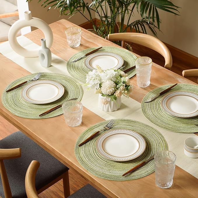 FunWheat Round Braided Placemats Set of 6 Place mats for Dining Tables Woven Heat Resistant Table Mats 15 inch (Light Green)