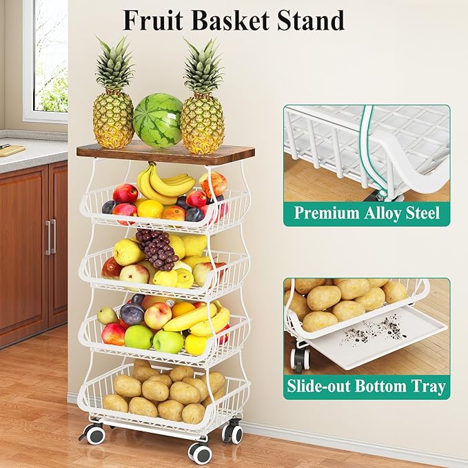 SAYZH Fruit Basket Kitchen Pantry Organizers and Storage - Wooden Top Table, Stackable Metal Wire Basket Stand Cart for Fruit Vegetable Snacks Onion Potato Organization (White, 5 Tiers)