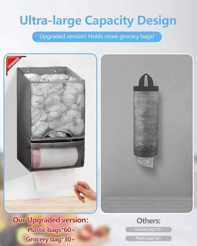 Bag Saver - Extra Large 2 in 1 Plastic Bag Holder Storage, Durable Mesh Grocery Hanging Trash Dispenser Roll Organizer for Home Kitchen/Bathroom/Laundry, Multi-purpose for Daily (Deep Grey)
