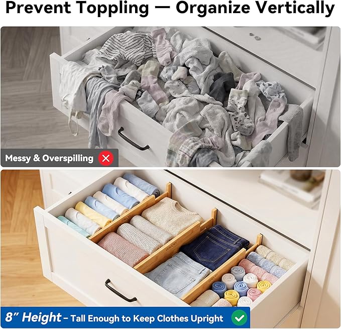 4 Pack Deep Drawer Dividers, 8" High Bamboo Expandable Drawer Organizers, 17-22" Adjustable Tension Separators, Large Drawer Dividers for Kitchen, Bedroom Dresser, Baby Nursery & Bathroom