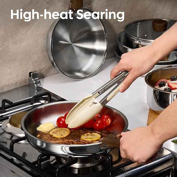 CAROTE 19pcs Stainless Steel Cookware Set with Detachable Handle, Pots and Pans Set, Induction Kitchen Cooking Sets, RV/Camping Cookware, Removable Handle, Oven Safe, Woodgrain