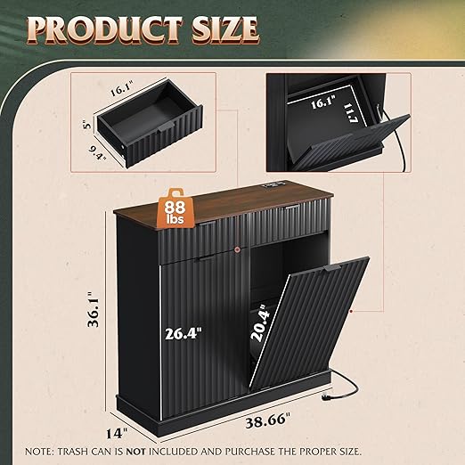WLIVE 2 * 10 Gallon Double Tilt Out Trash Can Cabinet, Hidden Trash Can Cabinet with 2 AC+ USB Outlets, Storage Drawers, Food/Clothes Storage Pet Proof Kitchen Trash bin Cabinet for Home (Black)