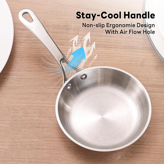 Macevia Mini 0.12QT Sauce Pan, 18/10 Stainless Steel Pans, Small Pot Butter Warmer With Handle, 3 Ply Stainless Frying Pans For Home Kitchen (4in/140ml) - Rose Gold